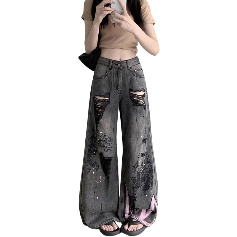 Retro Distressed Graffiti Ripped Ladies' Denim Pants American Style Hot Girl Loose Slim Fitting Straight Leg Trousers Wide Leg Long Pants Women's Jeans