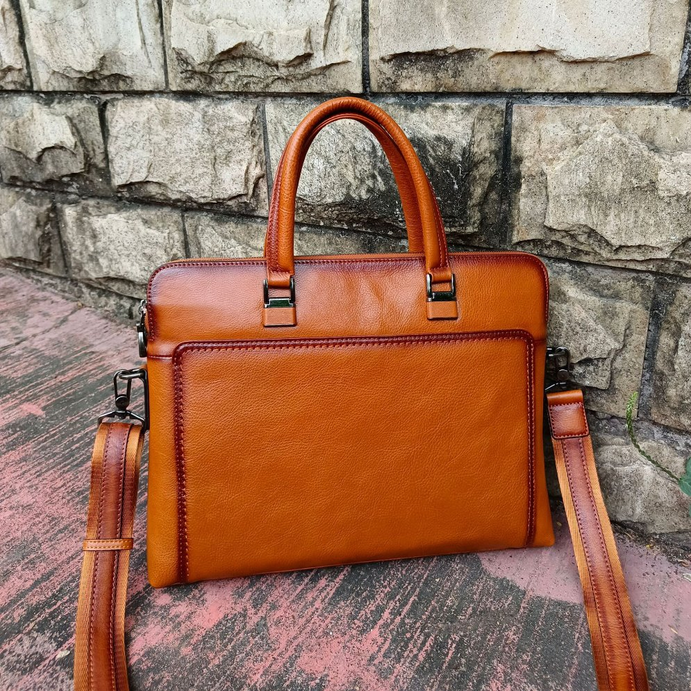 Wholesale Retro Luxury Business Briefcase Black Leather Men's Genuine Leather Messenger Bag with Nylon Shoulder Strap