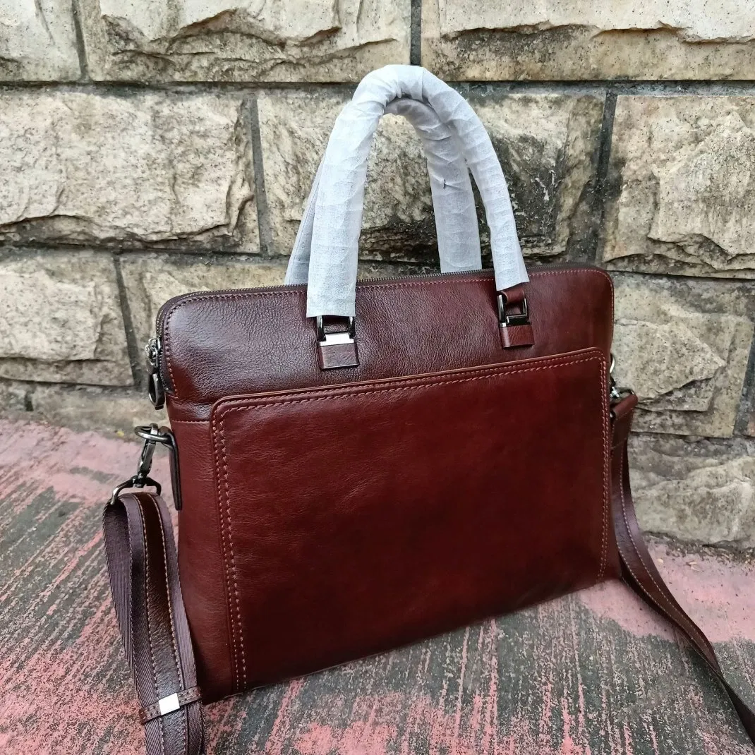 Wholesale Retro Luxury Business Briefcase Black Leather Men's Genuine Leather Messenger Bag with Nylon Shoulder Strap