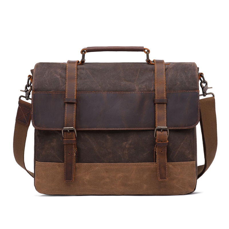 Vintage Travel Waterproof Tote Shoulder Satchel Briefcases Crossbody Laptop Bag Waxed Canvas Messenger Leather Bag