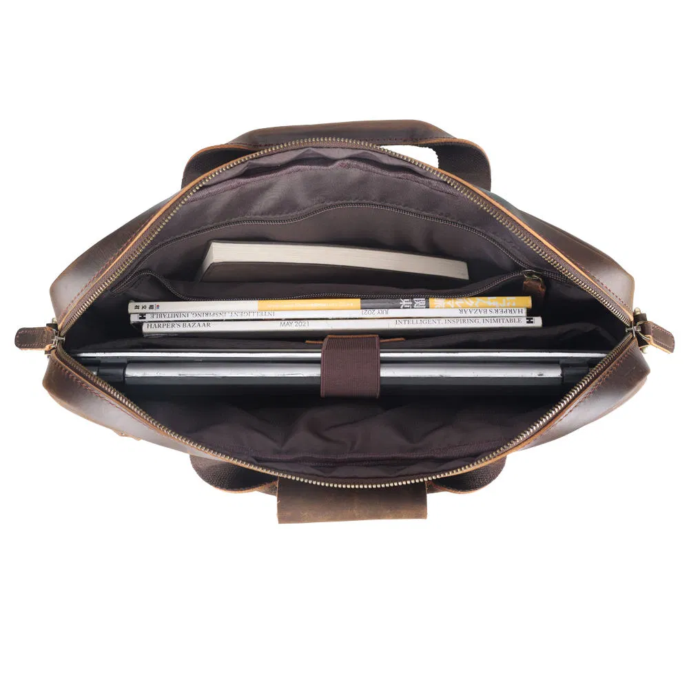 Men Fashion Business Full Grain Genuine Leather Computer Laptop Briefcase