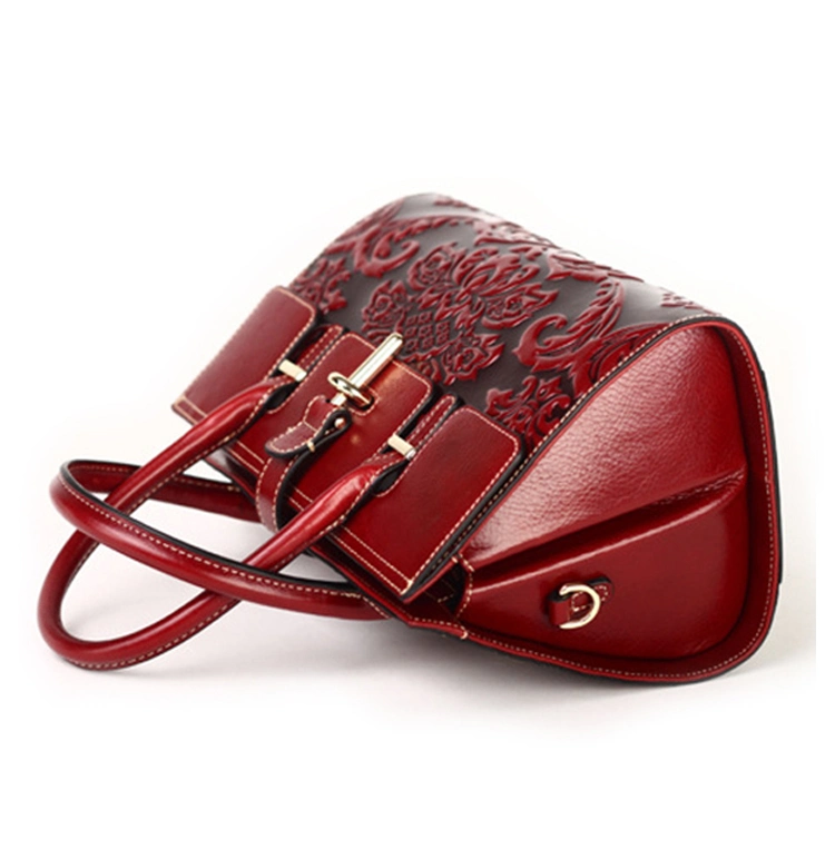 2017 Fashion Design Flowers Embossed Red Leather Handbags for Women