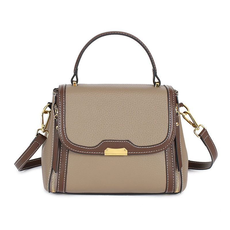 Split Leather Handbag Women Top Handle Crossbody Bag Women Shoulder Bag with 2 Long Straps Color Contrast