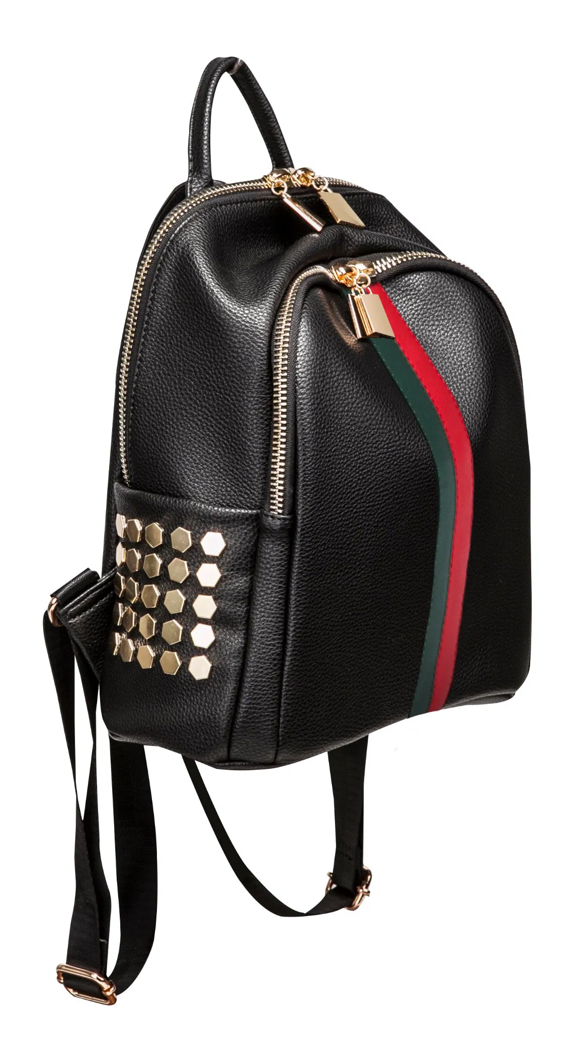 BSCI Bag Wholesaler Manufacturer, RPET PU Vegan Leather Daypack Leisure Double Shoulder Backpack with Stripe and Studs