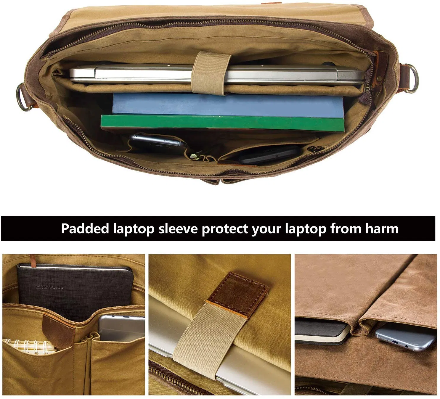 18 Inch Top Layer Leather Business Man Handbag Waterproof Canvas Satchel Shoulder Bag Office Briefcase (RS-1912046)