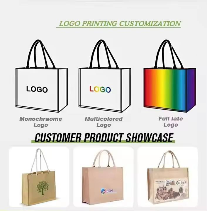 Wholesale Custom Logo Creative Retro Linen Shopping Leather Handle Advertising Eco Jute Tote Bag for Women