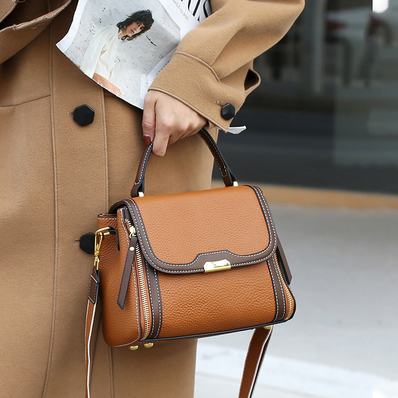 Split Leather Handbag Women Top Handle Crossbody Bag Women Shoulder Bag with 2 Long Straps Color Contrast