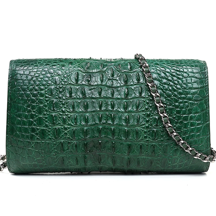 High End Handmade Green Genuine Crocodile Skin Leather Clutch Bag with Metal Chain