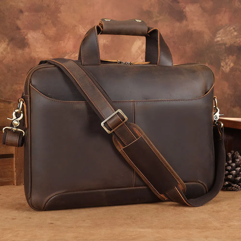 Men Fashion Business Full Grain Genuine Leather Computer Laptop Briefcase