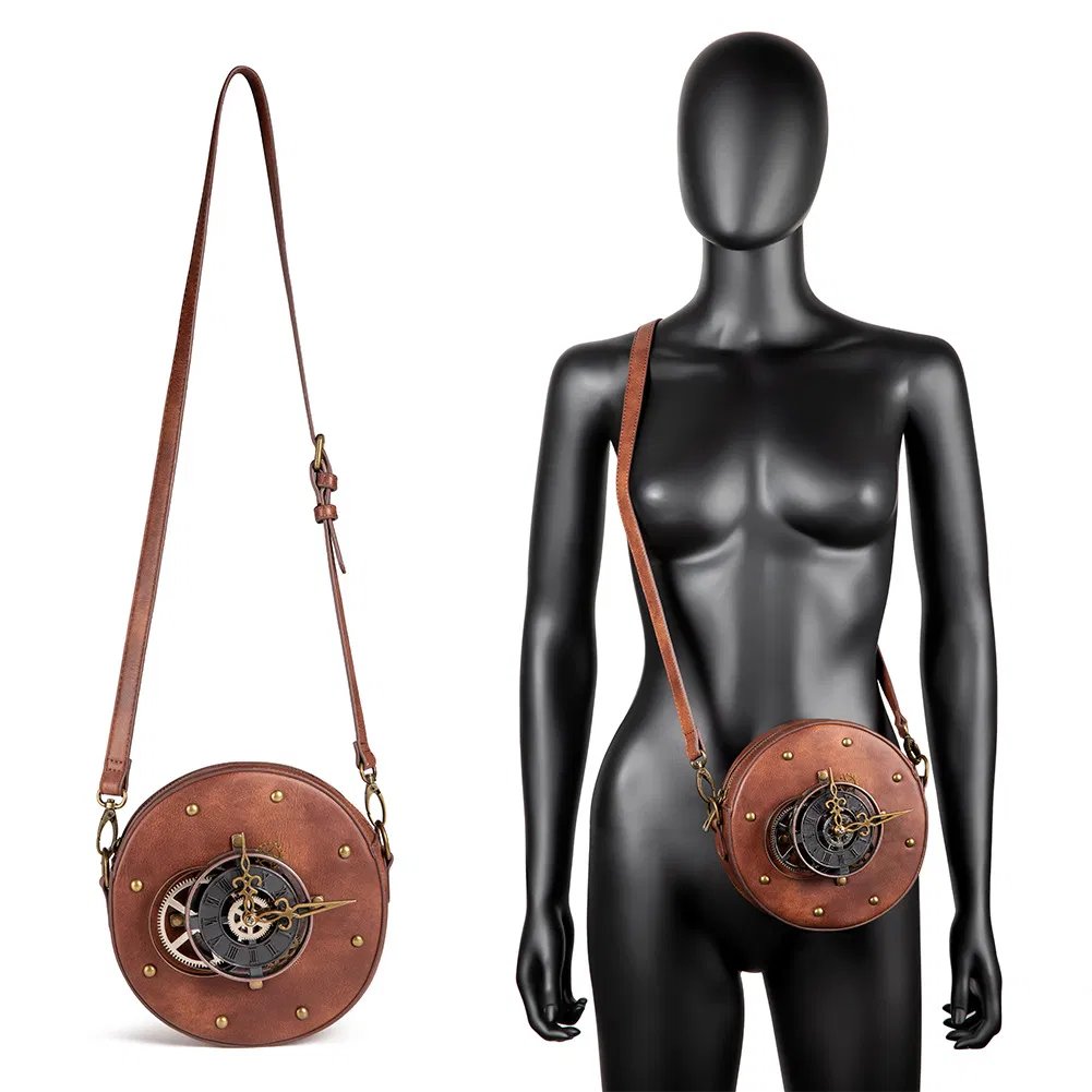 Women's Steampunk PU Leather Vintage Round Motorcycle Bag with Shoulder Crossbody