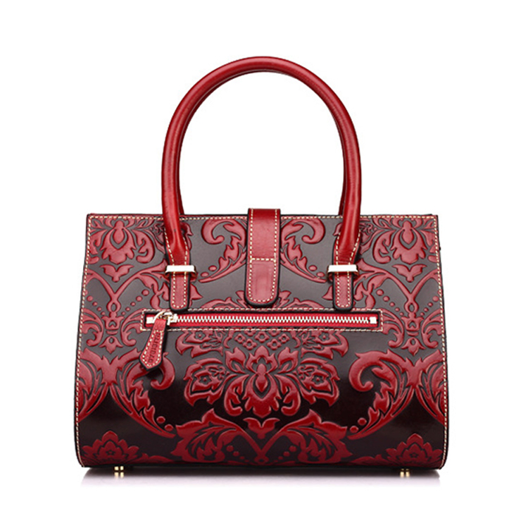2017 Fashion Design Flowers Embossed Red Leather Handbags for Women