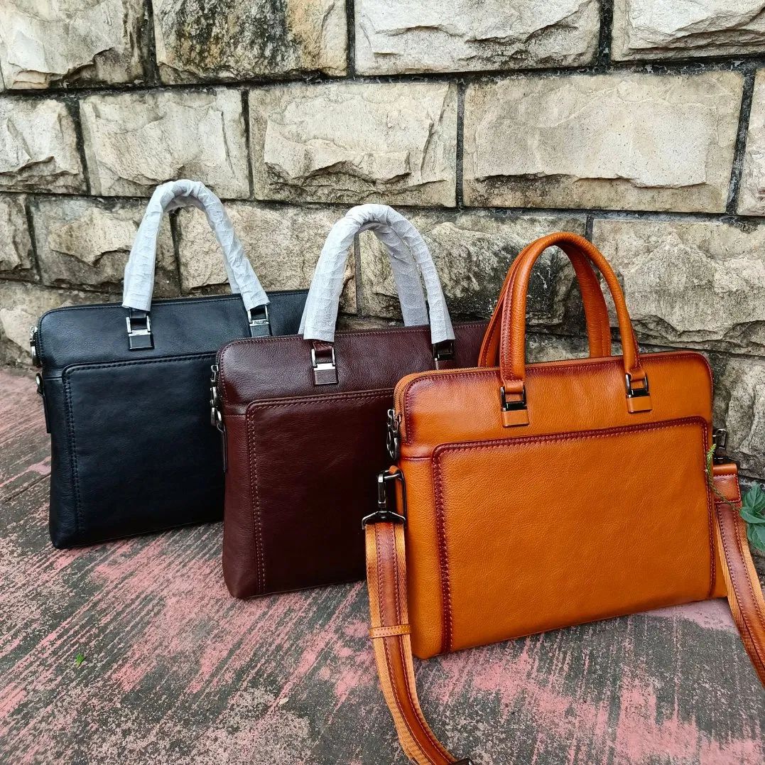 Wholesale Retro Luxury Business Briefcase Black Leather Men's Genuine Leather Messenger Bag with Nylon Shoulder Strap