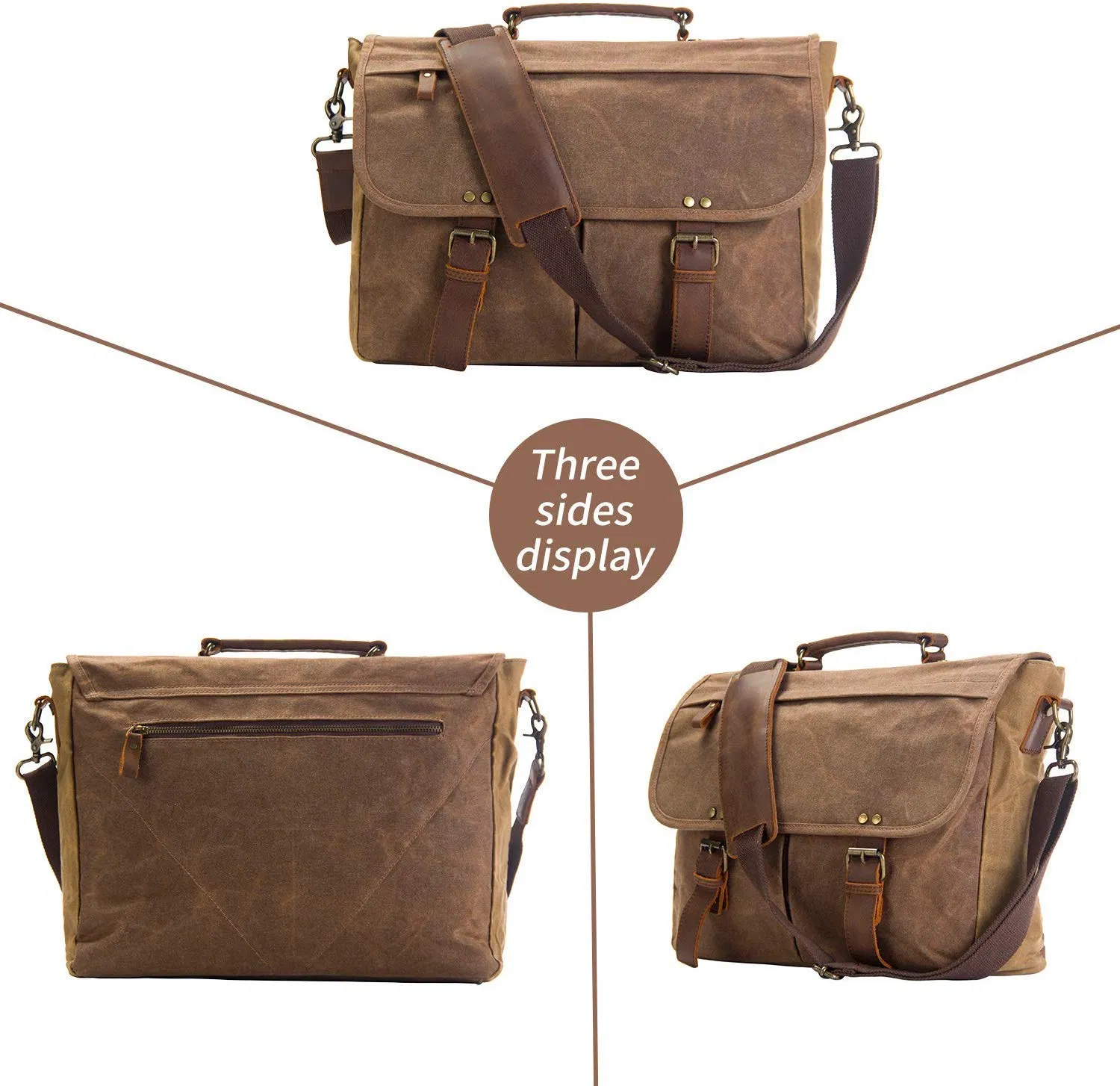 18 Inch Top Layer Leather Business Man Handbag Waterproof Canvas Satchel Shoulder Bag Office Briefcase (RS-1912046)
