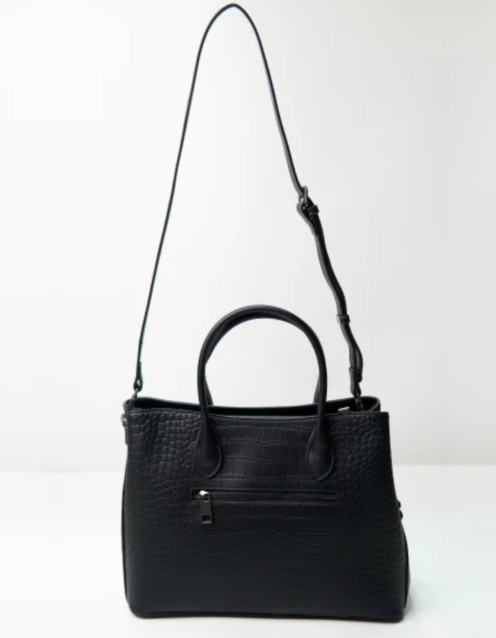 Black Embossed Crocs Pattern Cow Leather Long Strap Large Capacity Tote Bag