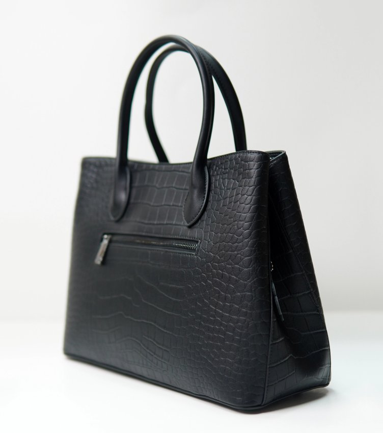 Black Embossed Crocs Pattern Cow Leather Long Strap Large Capacity Tote Bag