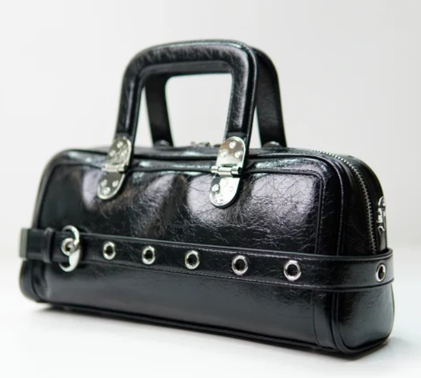 Shinny Black Luxury Cow Leather Tote Bag Long Shape Eyelets Hole Belt Decoration Daily Use