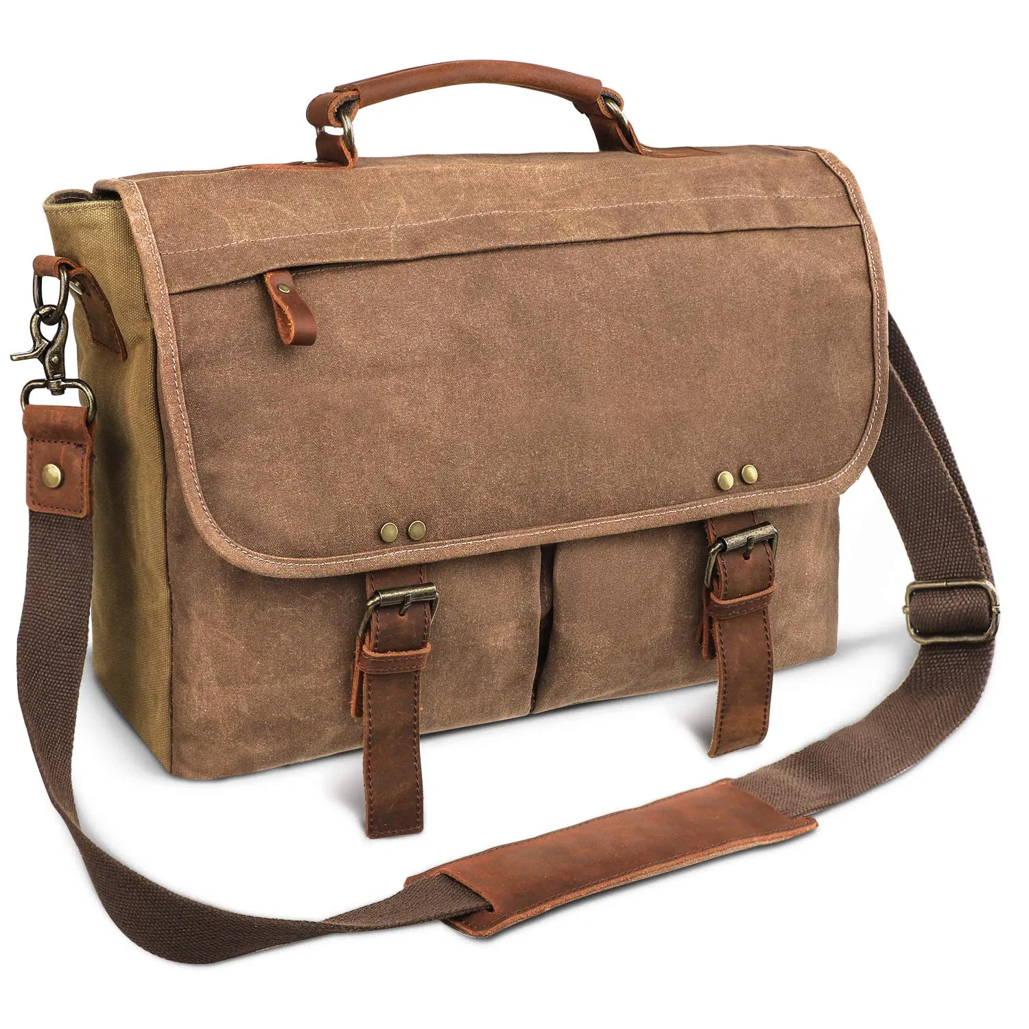 18 Inch Top Layer Leather Business Man Handbag Waterproof Canvas Satchel Shoulder Bag Office Briefcase (RS-1912046)