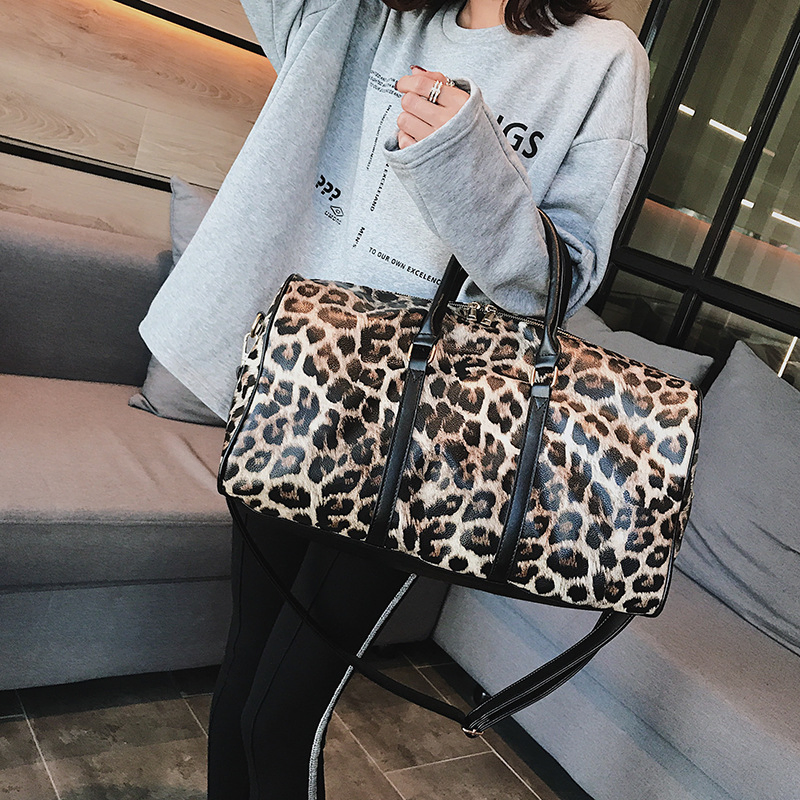Women Travel Duffel Bag Carry on Tote Weekender Overnight Bag Leopard PU Leather Cross Body Bag