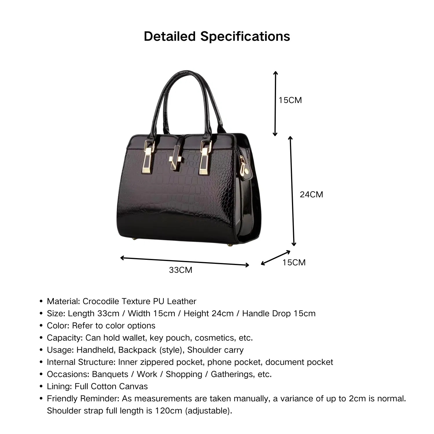 Ladies PU Leather Shoulder Bag Crocodile Embossed Work Tote Handbag