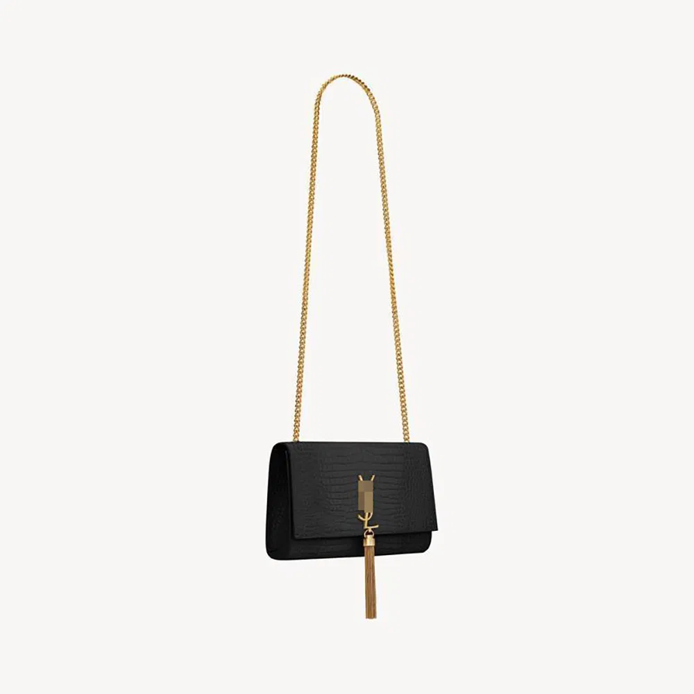 Saint Laurent Kate Fringed Medium Size Crocodile Embossed Leather Handbag