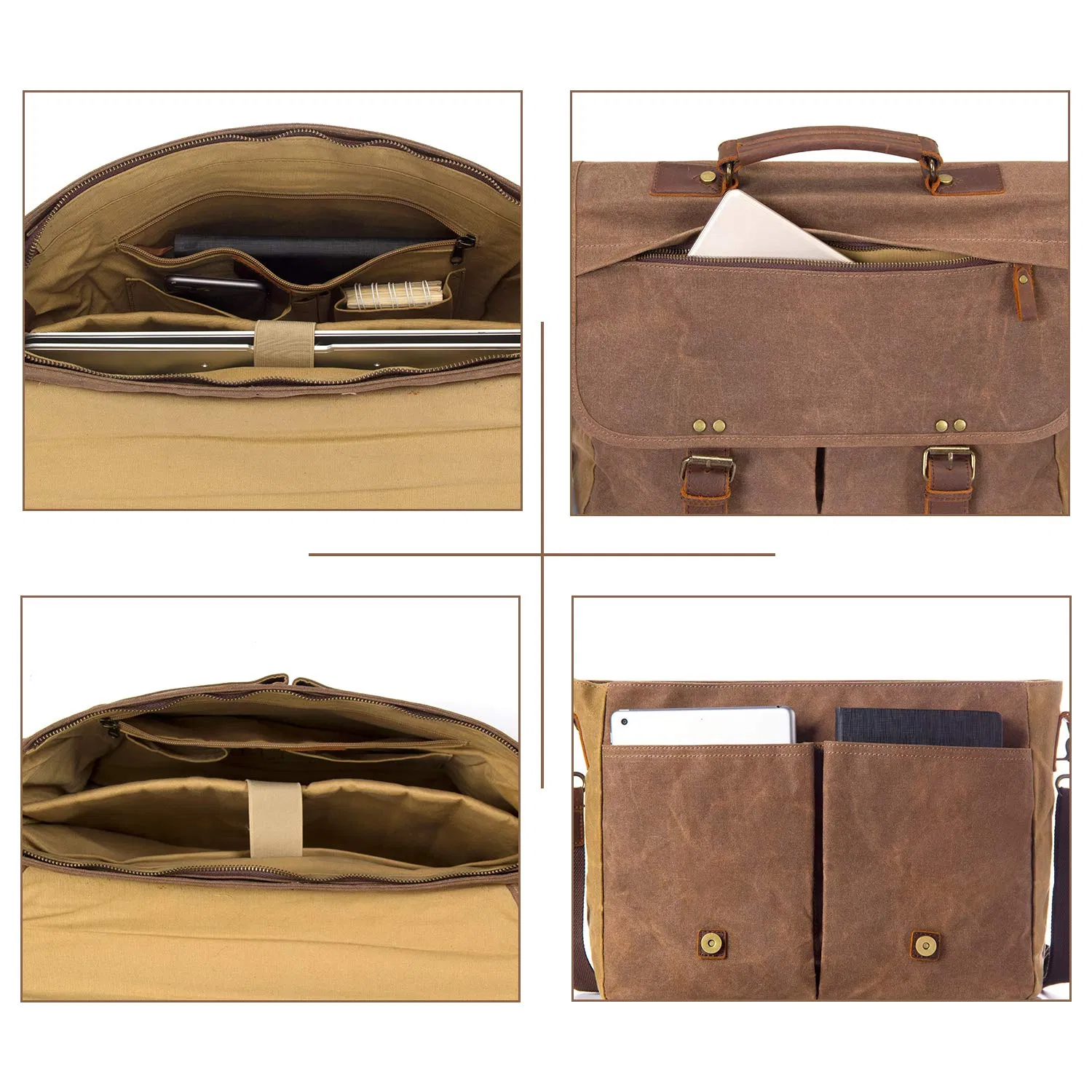 18 Inch Top Layer Leather Business Man Handbag Waterproof Canvas Satchel Shoulder Bag Office Briefcase (RS-1912046)