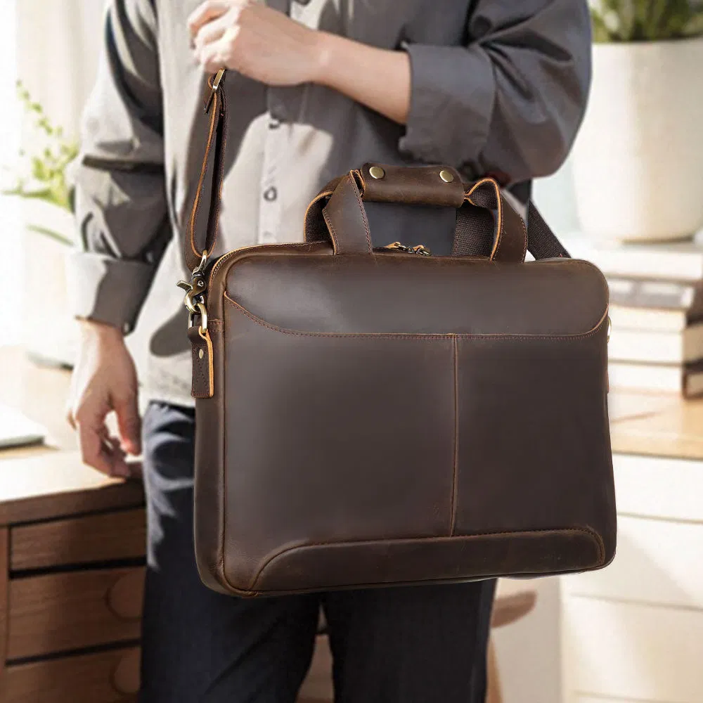 Men Fashion Business Full Grain Genuine Leather Computer Laptop Briefcase