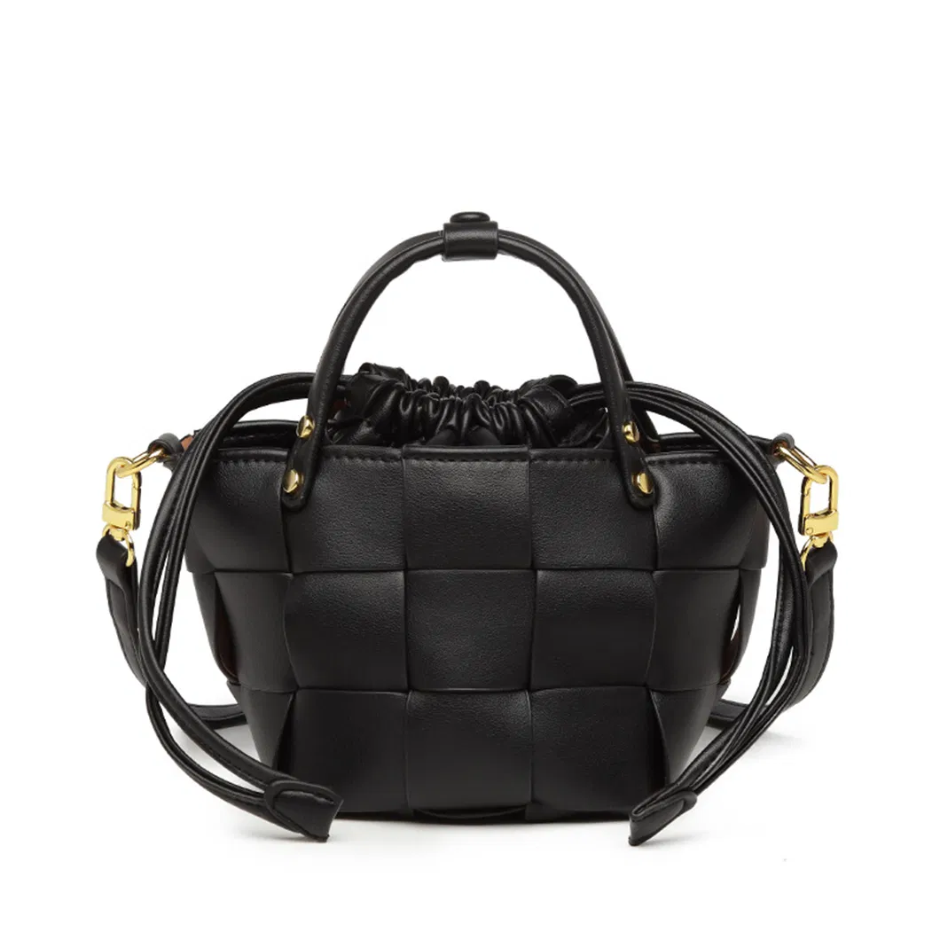 Trending Small Woven Vegan Leather Bucket Bags Fashionable Ladies Creativity Metal Rivet Tote Bags with Custom Printed Logo