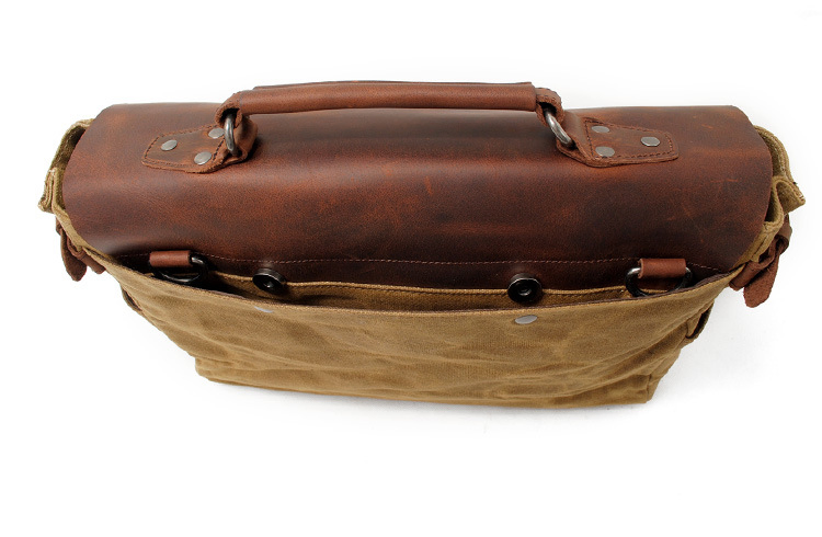 Men Waxed Canvas Briefcase Satchel Shoulder Bag Waterproof Vintage Cowhide Leather Handbag Messenger Bag Briefcase Men