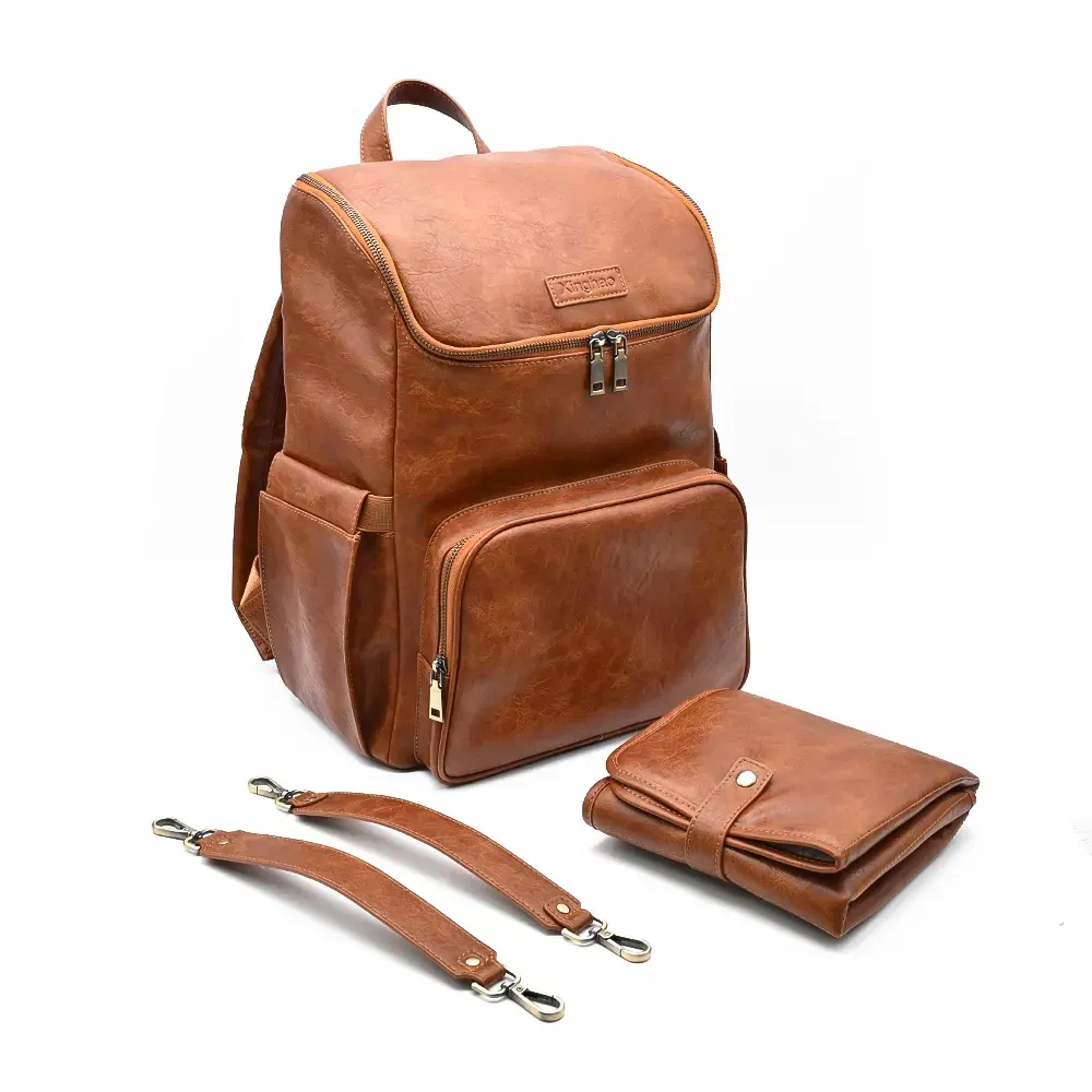 Wholesale Fashion Convertible Vegan Leather Baby Bag Large Mother Baby Dads Diaper Backpack with Insulated Bottle Pockets