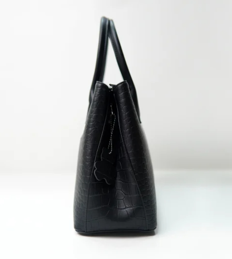 Black Embossed Crocs Pattern Cow Leather Long Strap Large Capacity Tote Bag