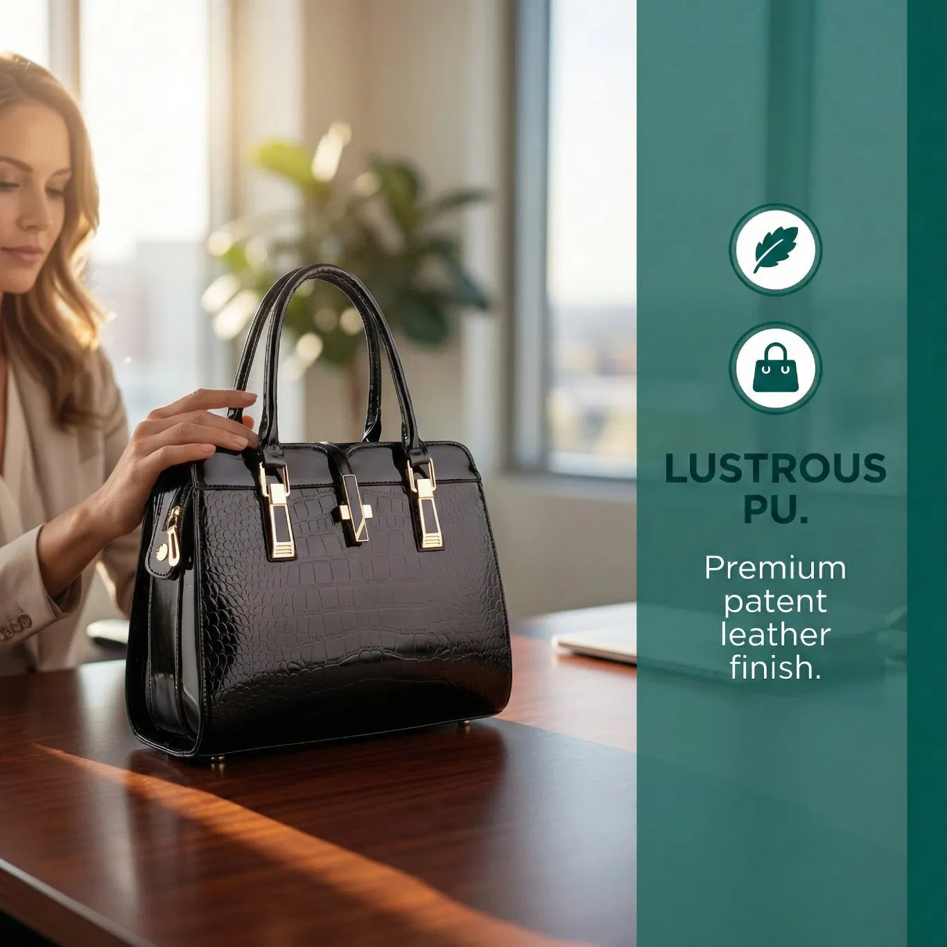 Ladies PU Leather Shoulder Bag Crocodile Embossed Work Tote Handbag