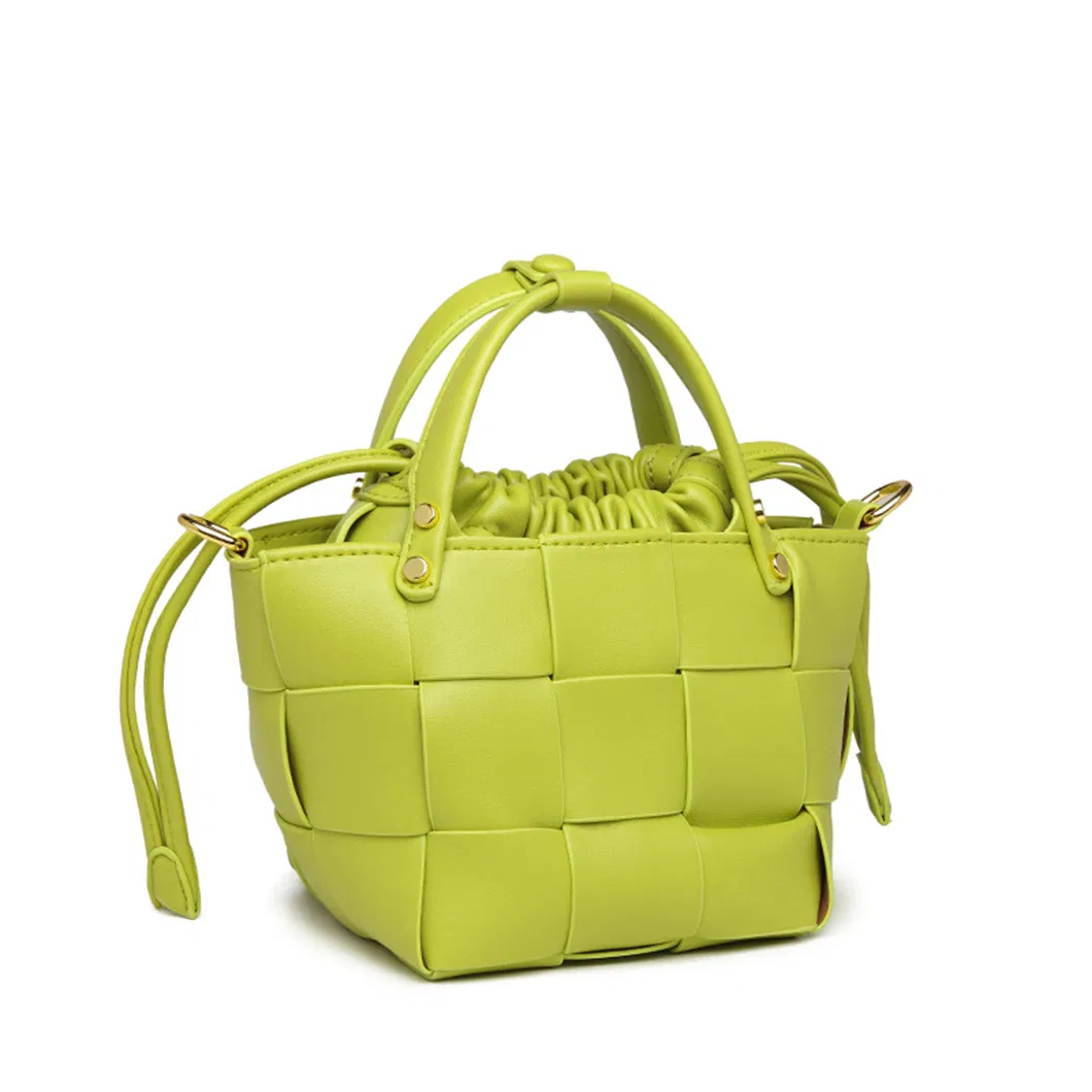 Trending Small Woven Vegan Leather Bucket Bags Fashionable Ladies Creativity Metal Rivet Tote Bags with Custom Printed Logo