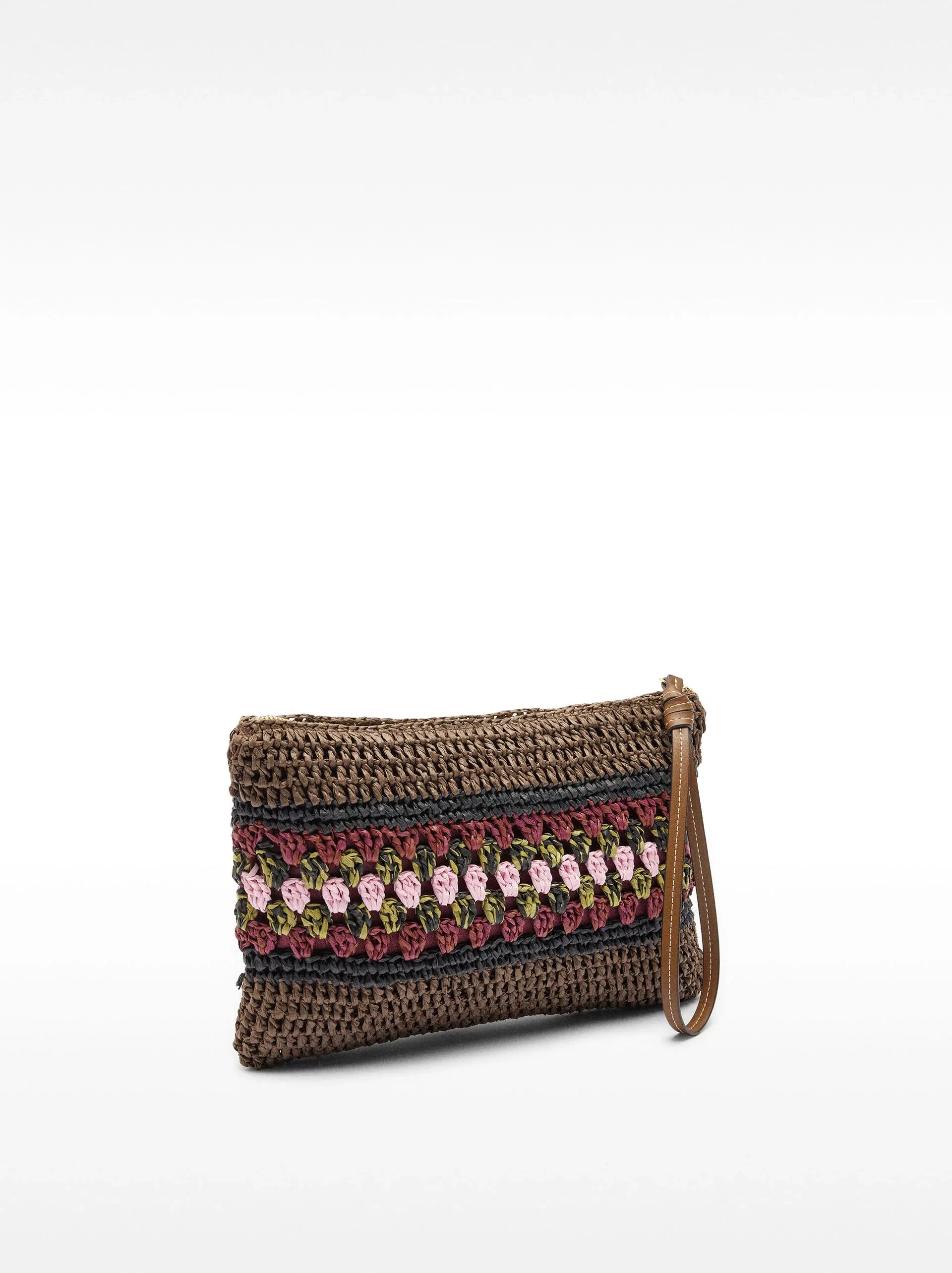 Leather Purse Woman Card Holder Lady Envelope Bag with Straw Effect Zip Genuine Leather Clutch Fashion Wallet