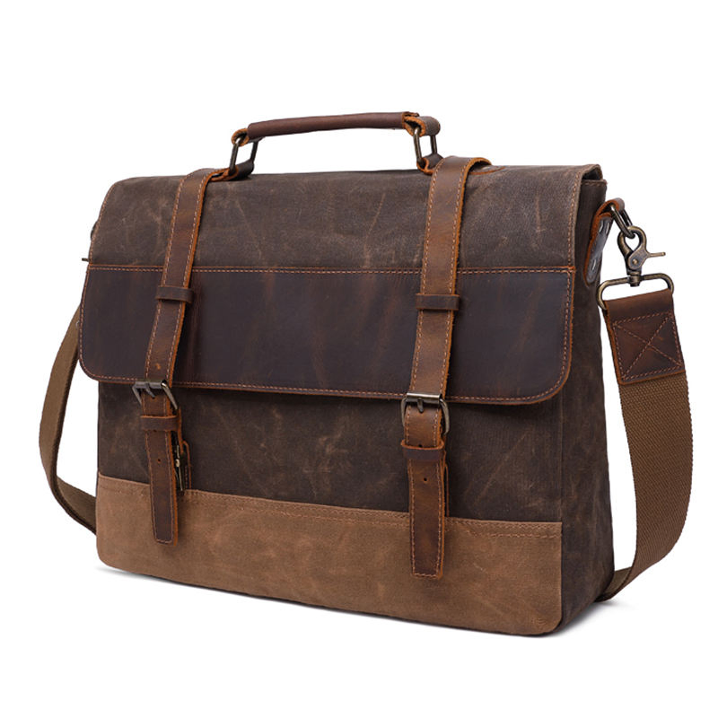 Vintage Travel Waterproof Tote Shoulder Satchel Briefcases Crossbody Laptop Bag Waxed Canvas Messenger Leather Bag
