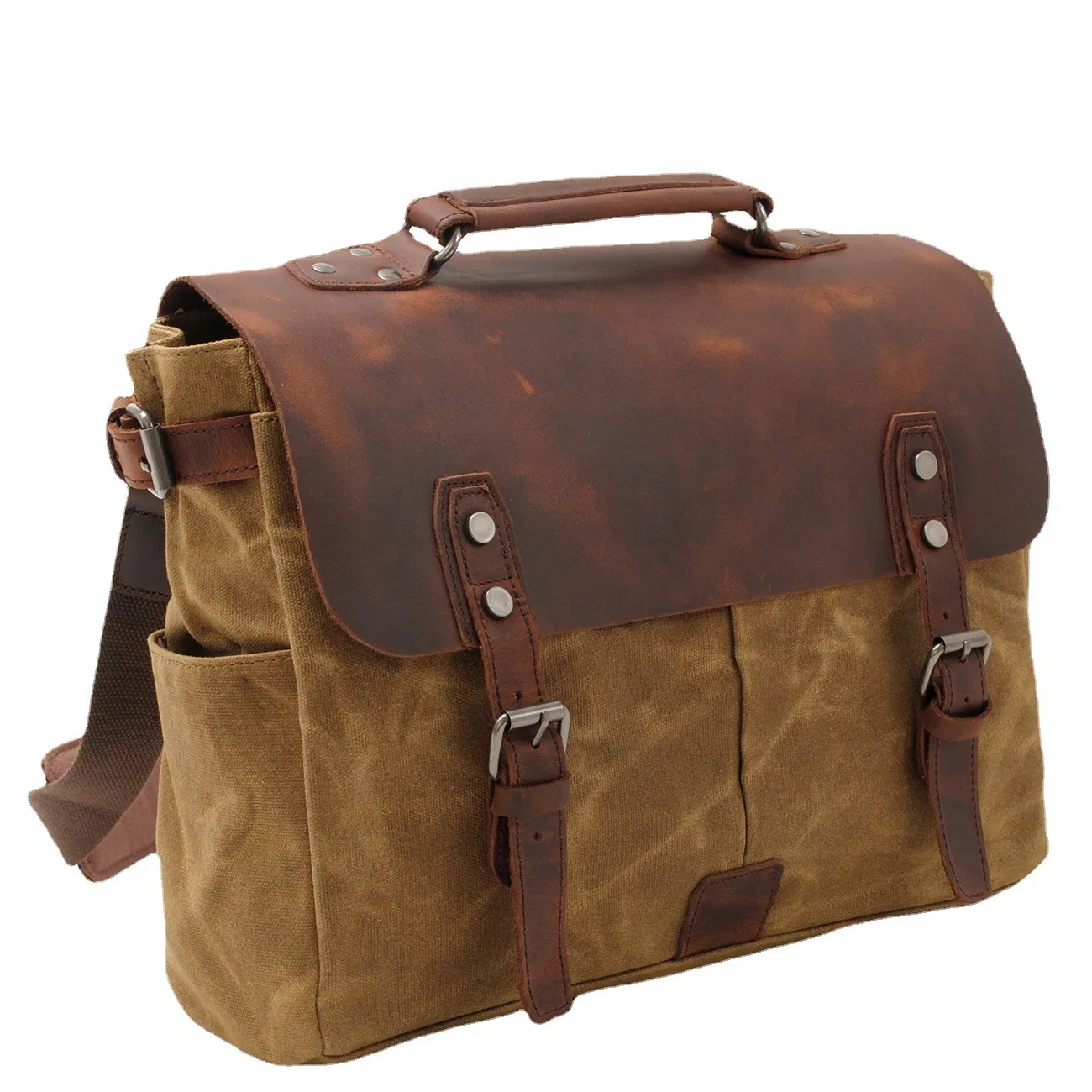 Men Waxed Canvas Briefcase Satchel Shoulder Bag Waterproof Vintage Cowhide Leather Handbag Messenger Bag Briefcase Men