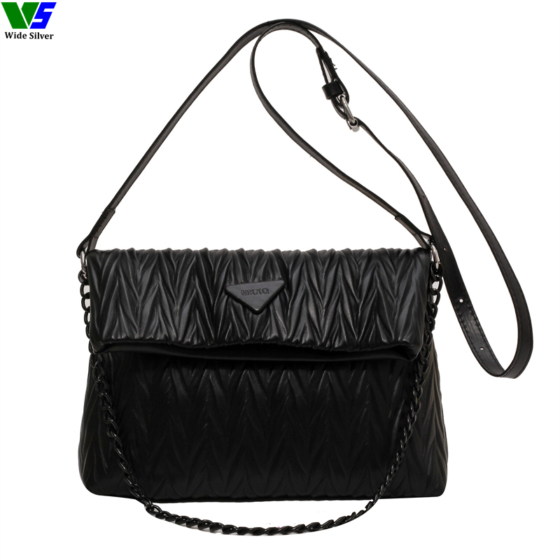 Wide Silver Top Fashion Messenger Leather Tote Bag Women Handbag Satchel