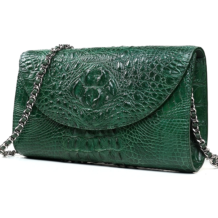 High End Handmade Green Genuine Crocodile Skin Leather Clutch Bag with Metal Chain