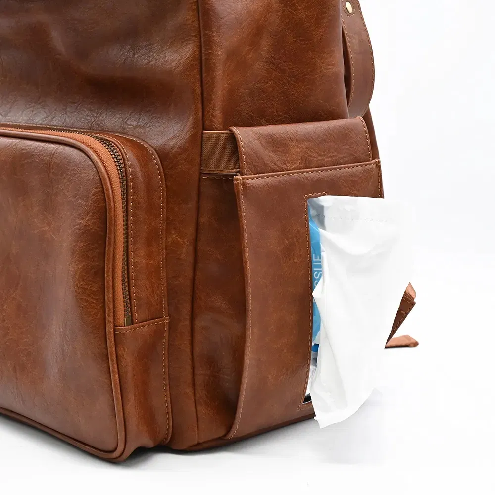 Wholesale Fashion Convertible Vegan Leather Baby Bag Large Mother Baby Dads Diaper Backpack with Insulated Bottle Pockets