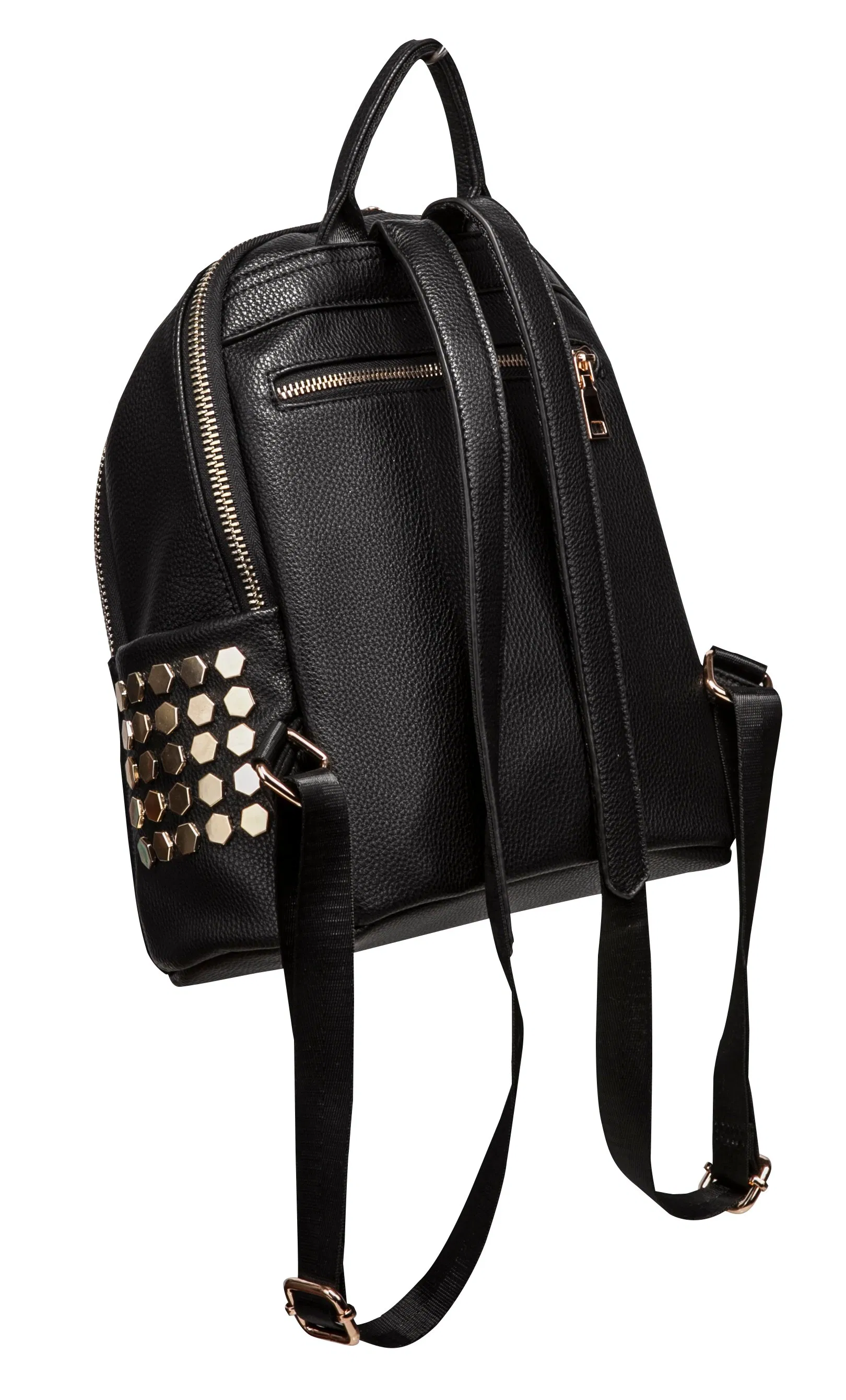 BSCI Bag Wholesaler Manufacturer, RPET PU Vegan Leather Daypack Leisure Double Shoulder Backpack with Stripe and Studs