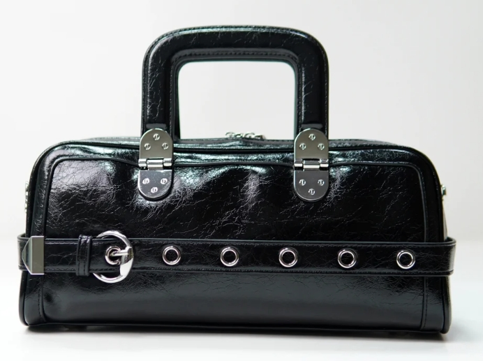 Shinny Black Luxury Cow Leather Tote Bag Long Shape Eyelets Hole Belt Decoration Daily Use