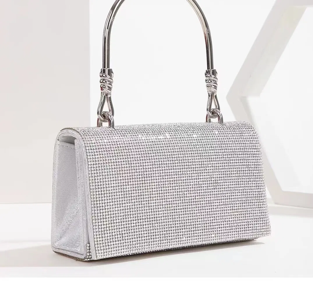 Handmade Fashion Evening Clutch Bag Rhinestones Silver Shiny Crystal Wedding Purses Luxury Diamonds Shoulder Bag Purse