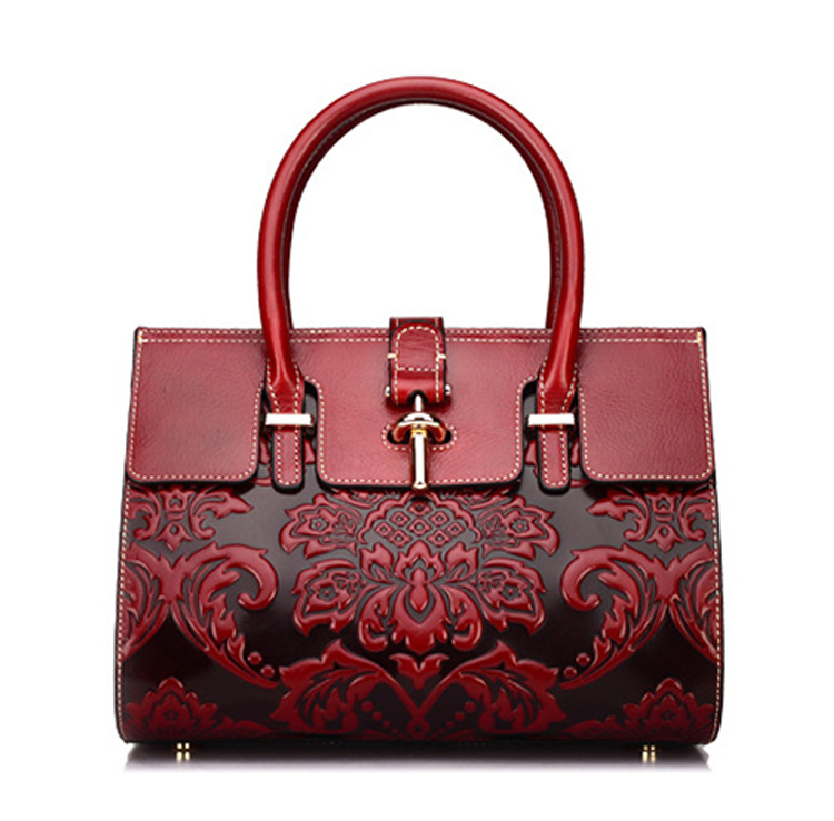 2017 Fashion Design Flowers Embossed Red Leather Handbags for Women