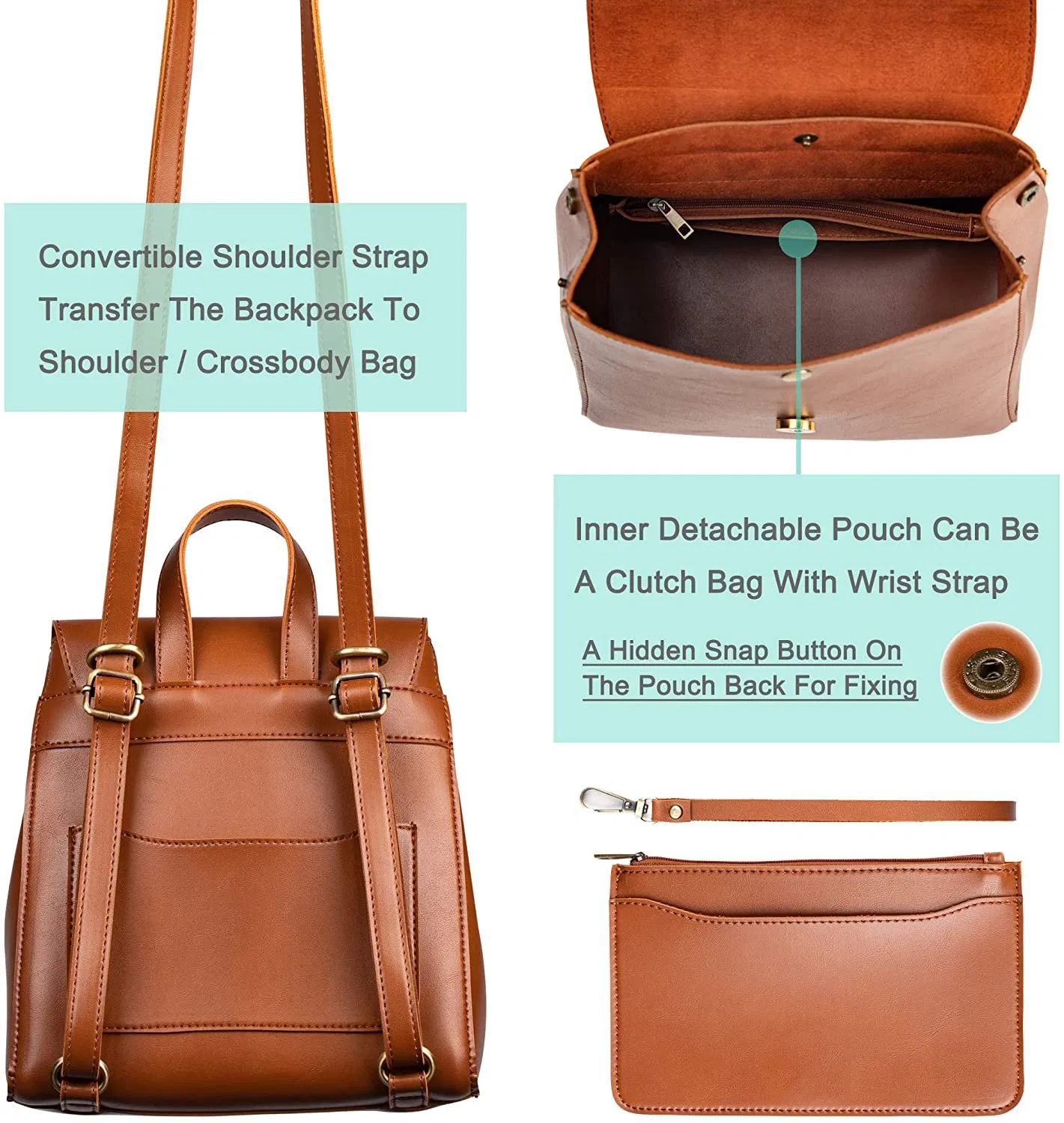 Simple Vegan Leather Flap 3 Way Convertible Backpack for Women