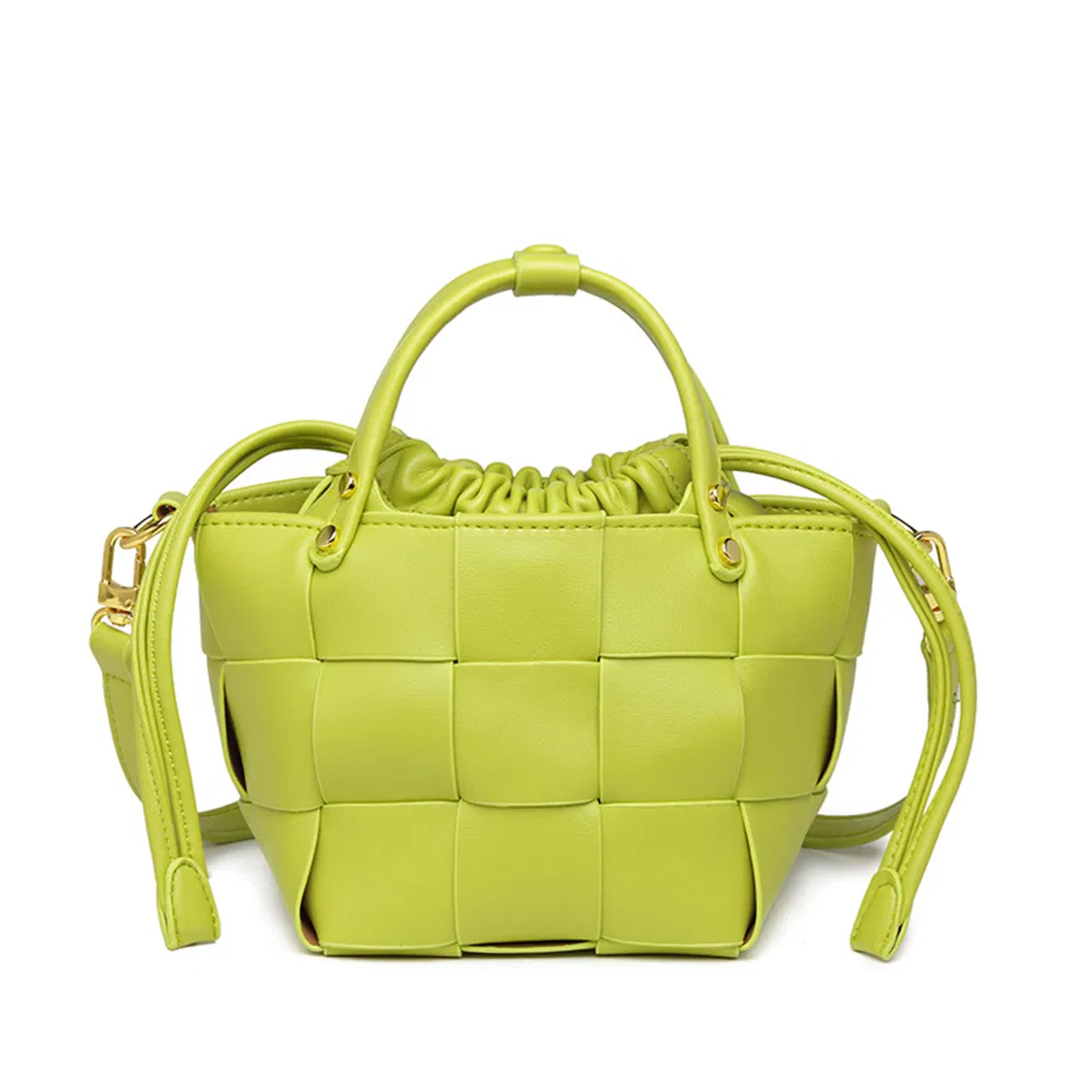 Trending Small Woven Vegan Leather Bucket Bags Fashionable Ladies Creativity Metal Rivet Tote Bags with Custom Printed Logo