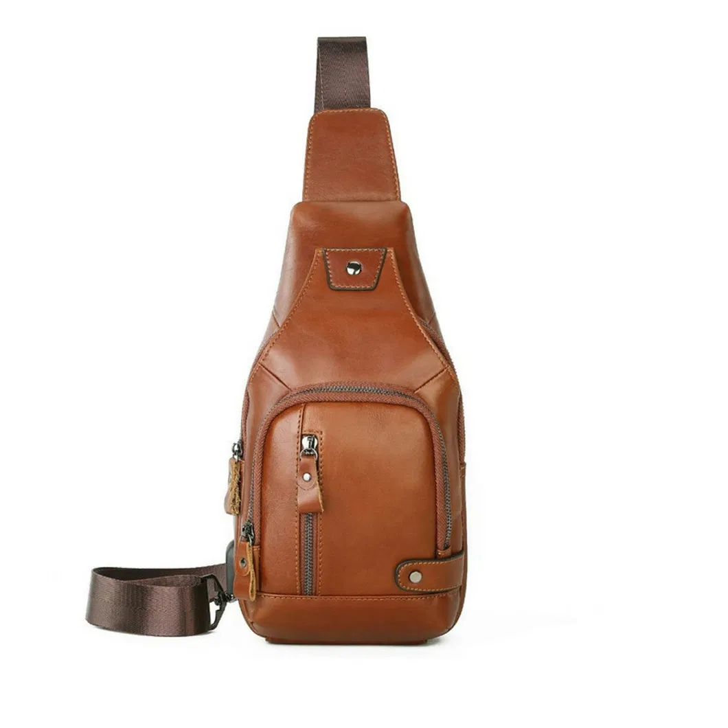 Leather Chest Bag Travel Custom Logo One Shoulder Crossbody Waterproof USB Sling Bag