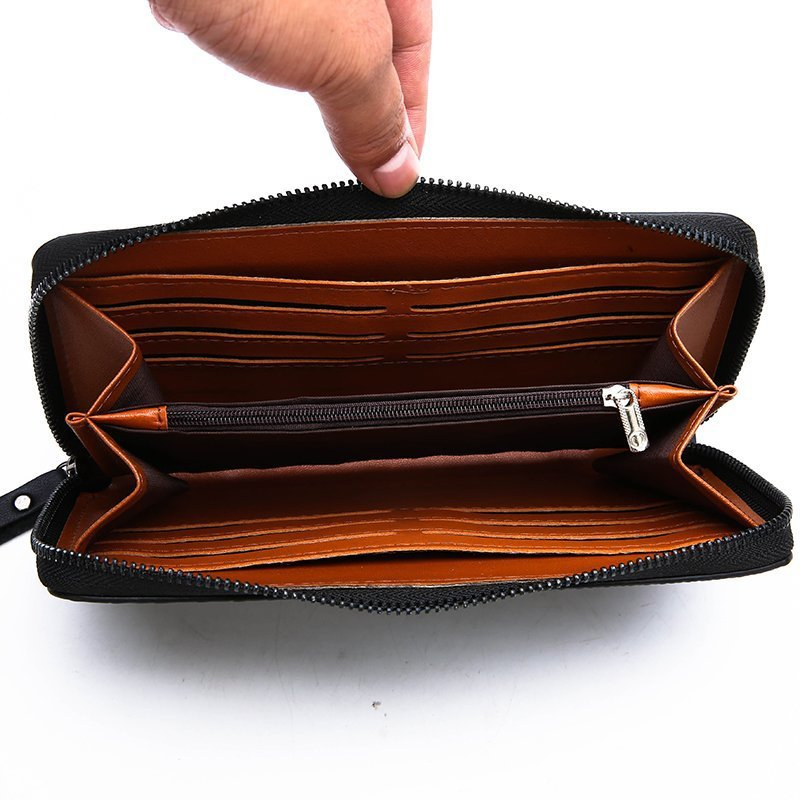 Men's Fashion Travel Purse Zipper Clutch Purse Wrist Strap PU Leather Men's Long Wallets Purse