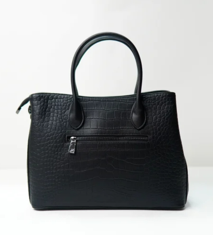 Black Embossed Crocs Pattern Cow Leather Long Strap Large Capacity Tote Bag