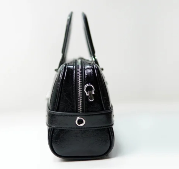 Shinny Black Luxury Cow Leather Tote Bag Long Shape Eyelets Hole Belt Decoration Daily Use