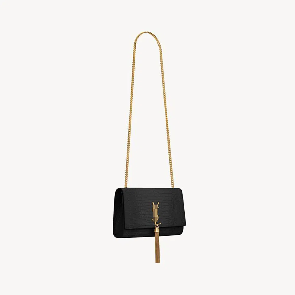 Saint Laurent Kate Fringed Medium Size Crocodile Embossed Leather Handbag