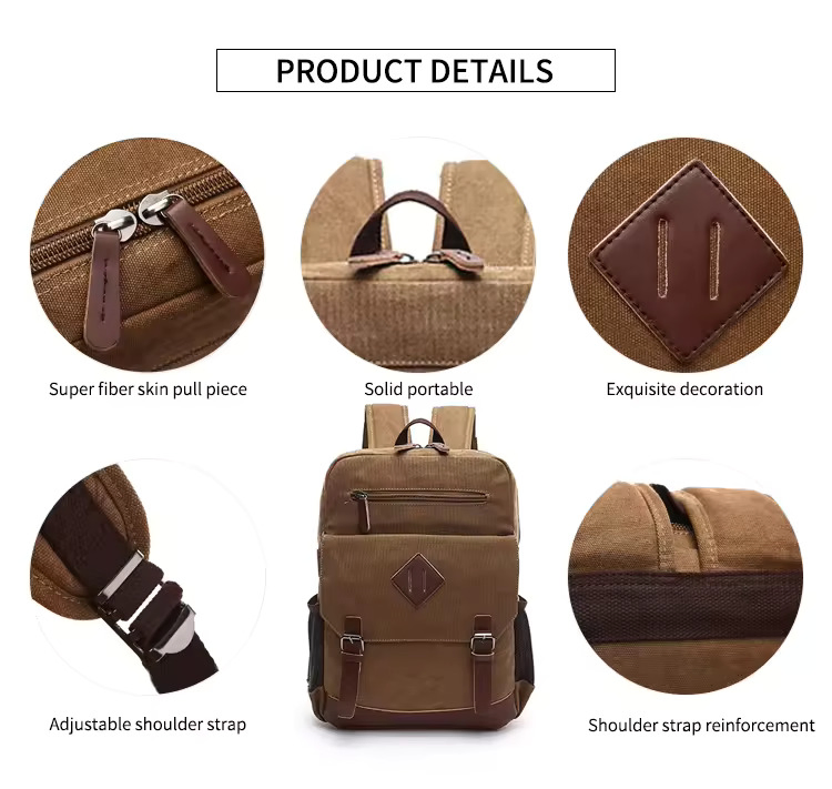 Wholesale Custom Designer Vegan Leather Vintage Canvas Rucksack Book Bag Laptop Backpack